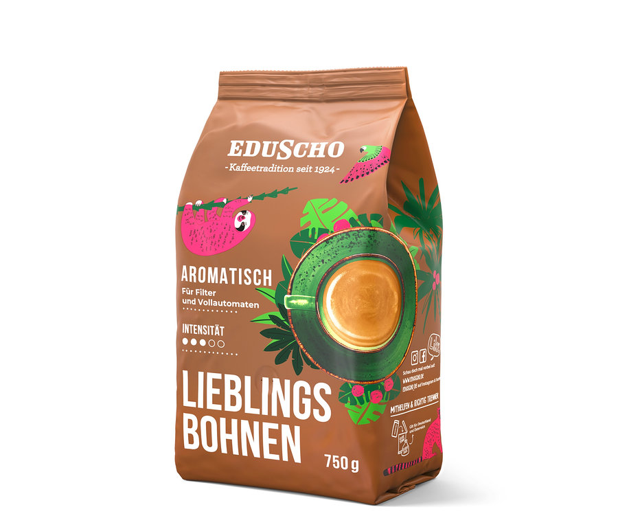 Eine Packung Eduscho Lieblingsbohnen Aromatisch 750g. Die Packung zeigt eine Tasse Kaffee, ein Faultier und den Schriftzug "Aromatisch".