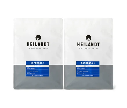 Zwei Packungen Heilandt Kaffee Espresso 1, nussig-karamellig, 60% Arabica, 40% Robusta, Herkunft Mexico, Peru, Brasilien.