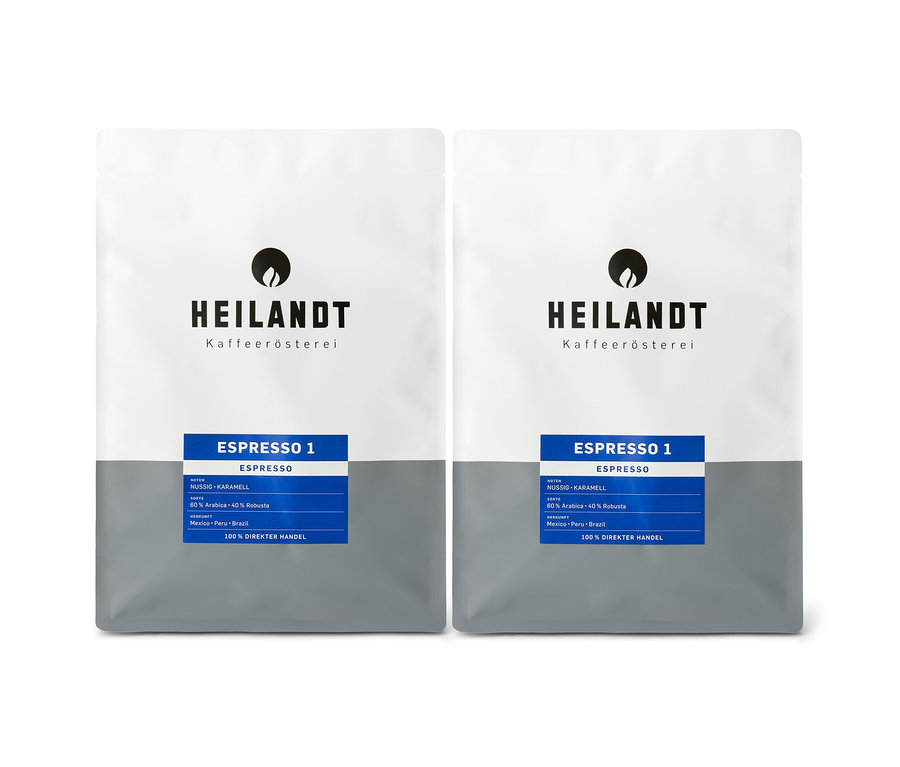 Zwei Packungen Heilandt Kaffee Espresso 1, nussig-karamellig, 60% Arabica, 40% Robusta, Herkunft Mexico, Peru, Brasilien.