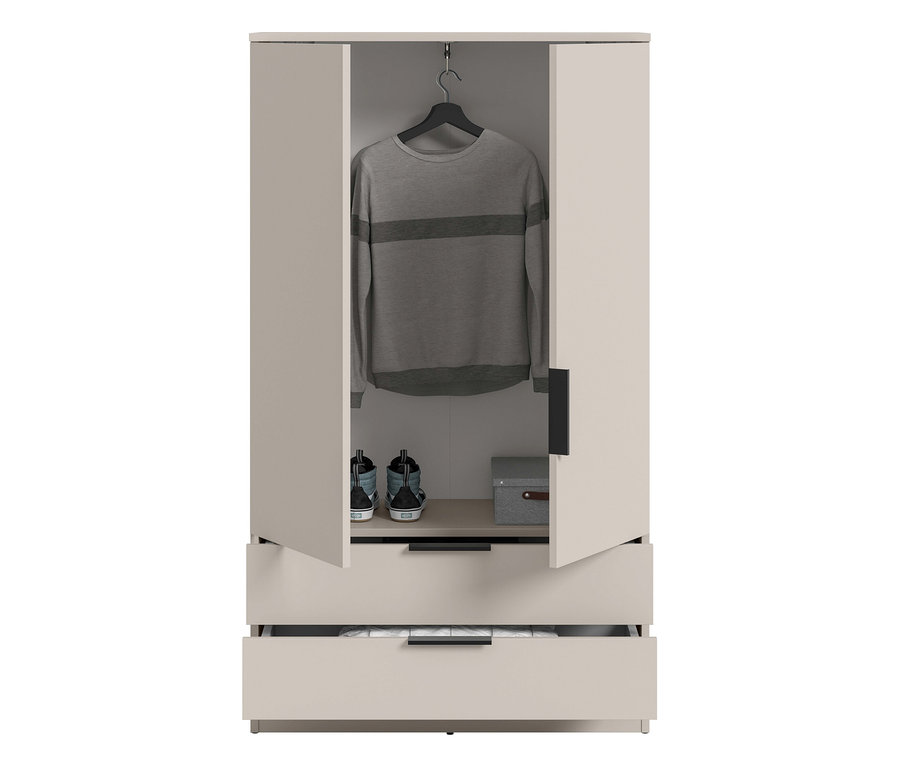 Offener xonox Wäscheschrank »Nordic« in Beige mit einem grauen Pullover, Turnschuhen und einer Box auf einem Regal, sowie einer geöffneten Schublade mit Wäsche.