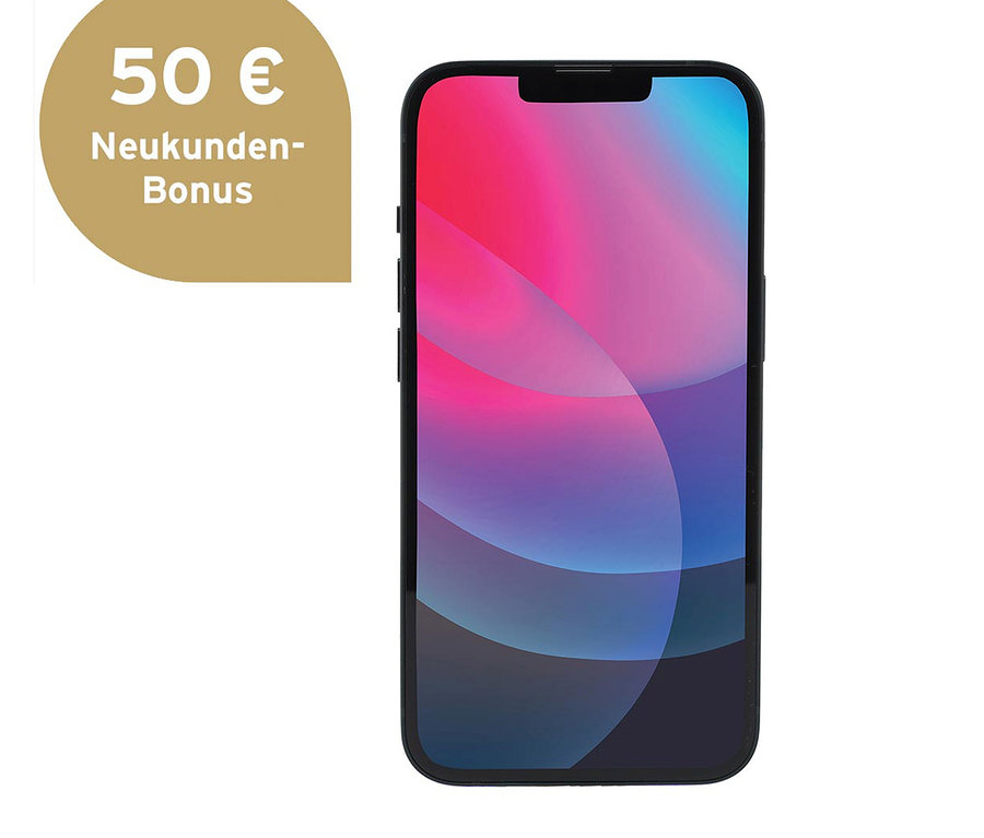 Ein Mobiltelefon mit einem farbigen Bildschirm. Zu sehen ist ein Apple iPhone 13 128GB in Mitternacht.