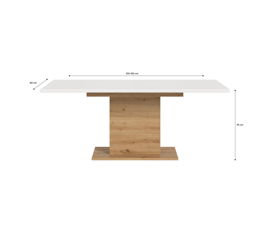 xonox Esstisch Kinetic mit weißer Tischplatte und Eichenoptik-Sockel, 150-190 cm lang, 90 cm breit, 76 cm hoch.
