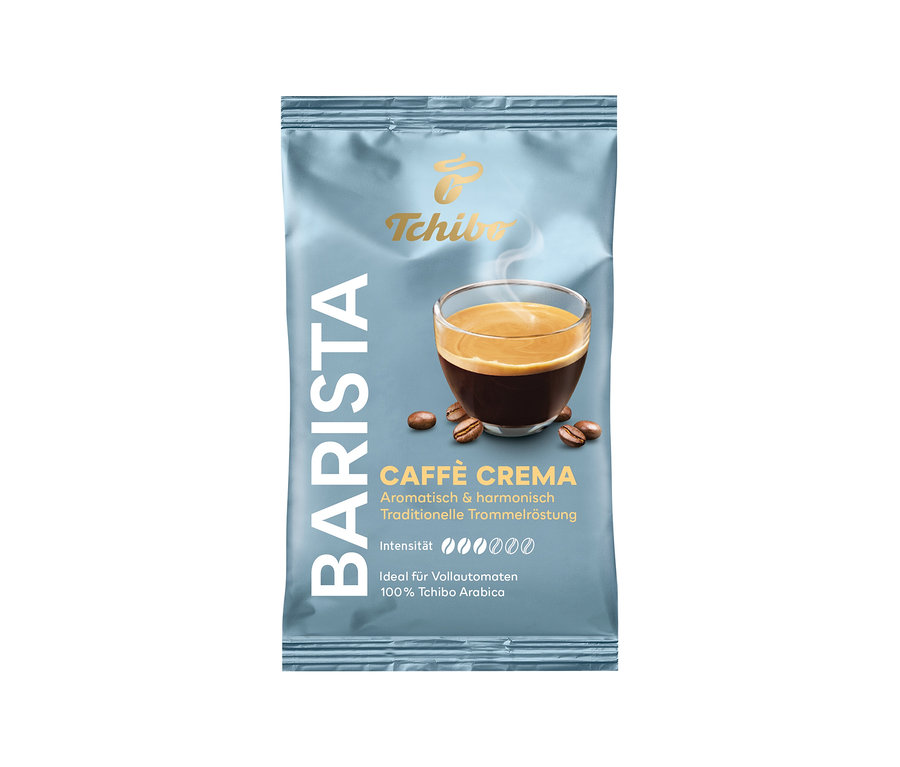 Eine Packung Caffè Crema, mit einer Tasse Kaffee und Kaffeebohnen.