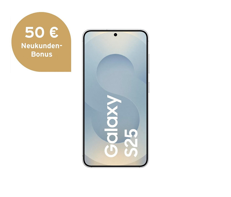 Silbernes Samsung Galaxy S25 5G 128 GB Smartphone auf weißem Hintergrund.