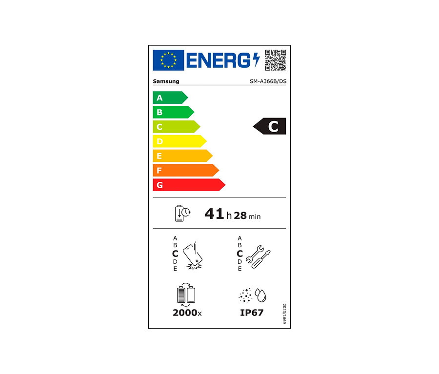 Energielabel mit den Klassen A bis G, wobei C hervorgehoben ist. Symbole und der Wert 41 h 28 min sind angegeben.