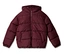 Dunkelrote Steppjacke mit Kapuze, durchgehendem Reißverschluss und zwei Vordertaschen.