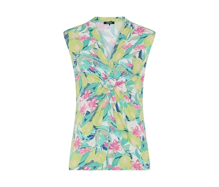 Ärmelloses Olsen Shirt mit V-Ausschnitt, dekorativem Knoten vorne und buntem Muster aus hellgrünen Früchten, rosa Blüten und türkisen Blättern auf weißem Grund.