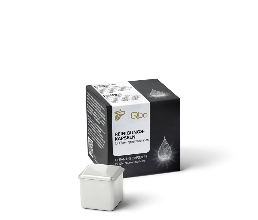 Eine quadratische Packung Qbo Reinigungskapseln mit einer einzelnen Reinigungskapsel unten links.