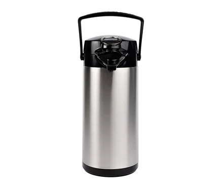 Eine silberne Bonamat Pumpthermoskanne »Bonamat« mit 2,2 l Fassungsvermögen.