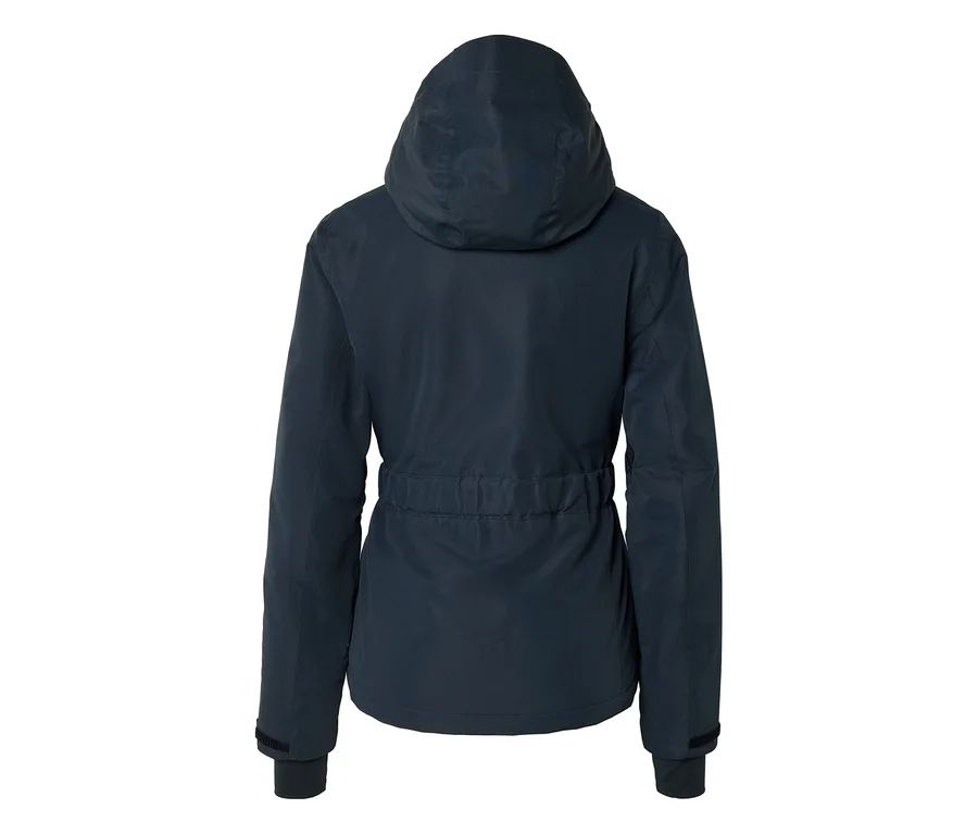 Dunkelblaue Jacke von hinten gesehen, mit Kapuze, verstellbarer Taillenpartie und Ärmelbündchen.
