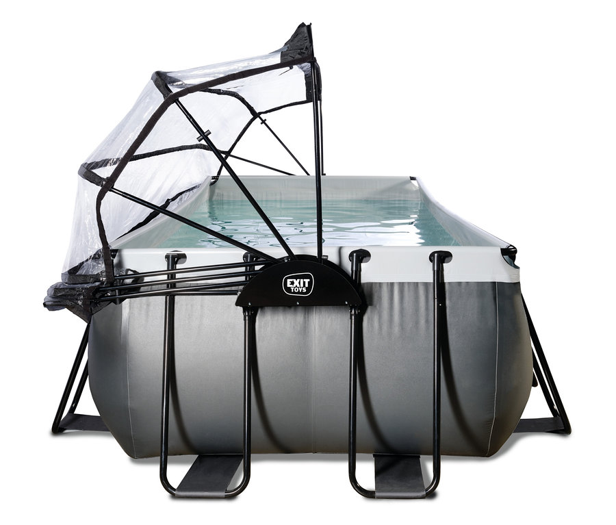 Rechteckiges EXIT Pool-Set, Lederoptik, 400 x 200 cm, mit grauem Äußeren und schwarzem Metallrahmen. Ein transparentes, ausziehbares Verdeck ist teilweise über einem Ende des mit Wasser gefüllten Pools geöffnet.