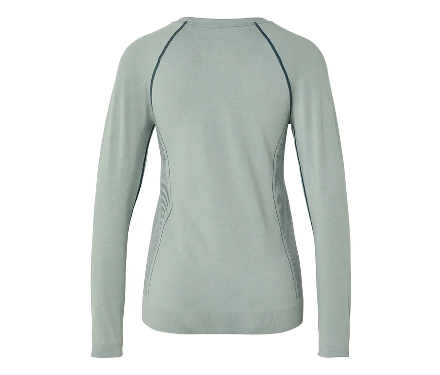 Hellgrünes Langarmshirt mit dunklen Nähten und gerippten Seitenpartien, von hinten gesehen.