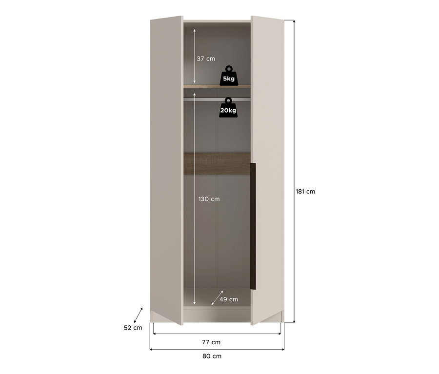 xonox Kleiderschrank »Nordic«, 2-türig, in hellem Beige mit offenen Türen. Er hat ein oberes Regal (5 kg Traglast), eine Kleiderstange (20 kg Traglast) und misst 181 cm H, 80 cm B, 52 cm T.