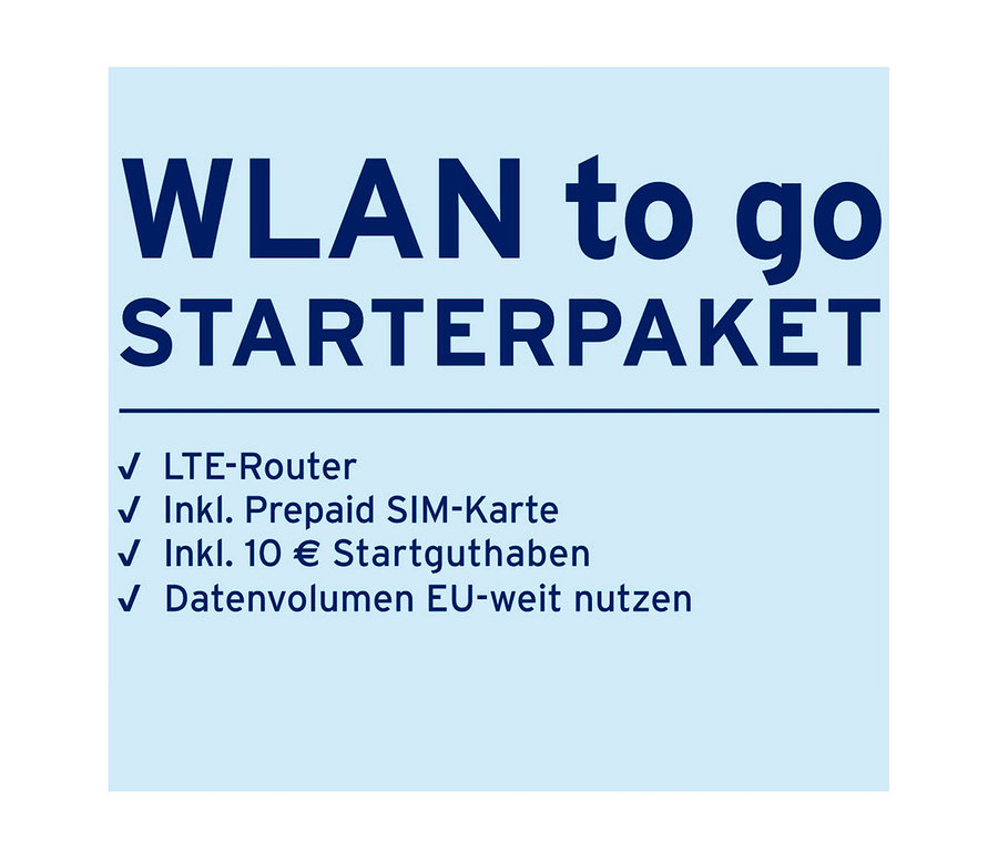 Das Bild zeigt ein WLAN to go Starterpaket. Es beinhaltet einen LTE-Router, eine Prepaid SIM-Karte, 10 € Startguthaben und Datenvolumen zur EU-weiten Nutzung.