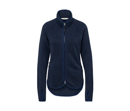 Dunkelblaue Fleecejacke mit langen Ärmeln und Reißverschluss in der Mitte.