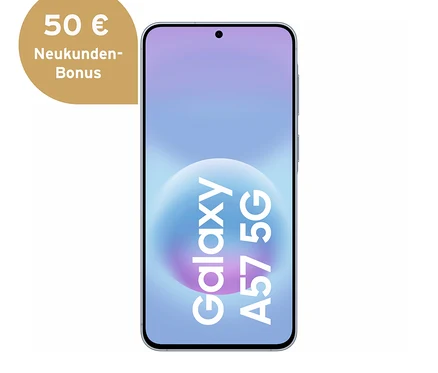 Samsung Galaxy A57 5G Smartphone in Awesome Icyblue mit 50 € Neukunden-Bonus.