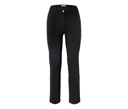 Schwarze, lange Hose mit geradem Bein und silberfarbenem Knopf.