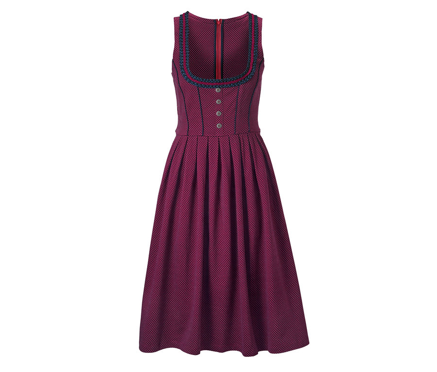 Ein Stretch-Dirndl in Weinrot mit weißen Punkten.