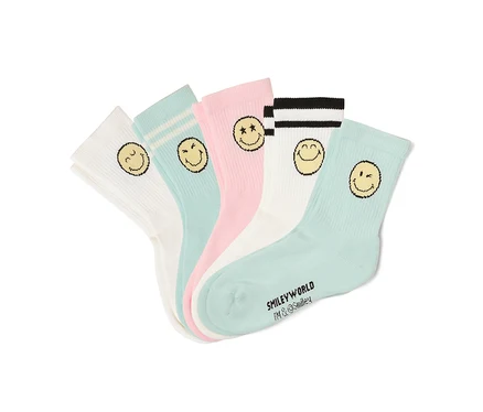Fünf Paar SMILEYWORLD® Kinder-Tennissocken in Weiß, Rosa und Salbeigrün, jeweils mit einem gelben Smiley-Gesicht. Einige Socken haben Streifen.