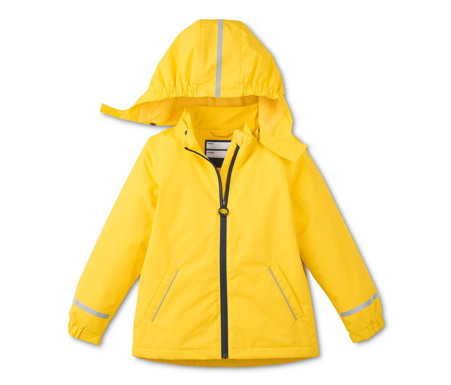 Gelbe Thermo-Regenjacke aus recyceltem Material mit Kapuze.