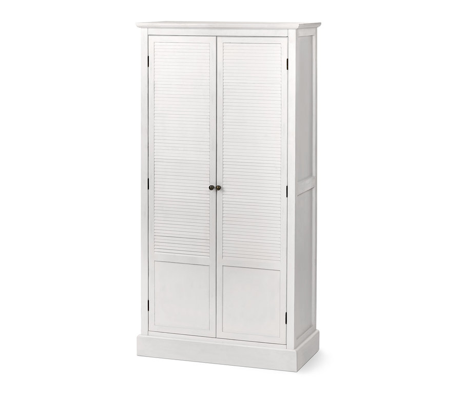 Weißer Schrank mit Lamellentüren und zwei Knöpfen.