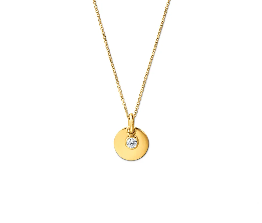 Goldkette mit rundem Anhänger und Zirkonia in der Mitte.