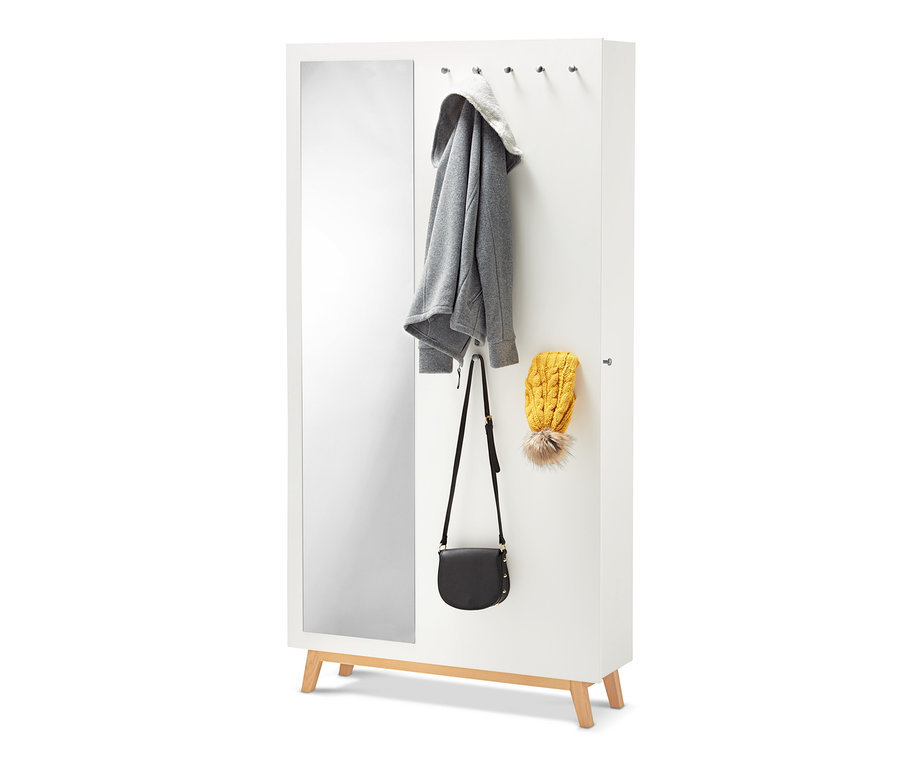 Weißer multifunktionaler Flurschrank mit Spiegel, Jacke, Handtasche und Mütze.