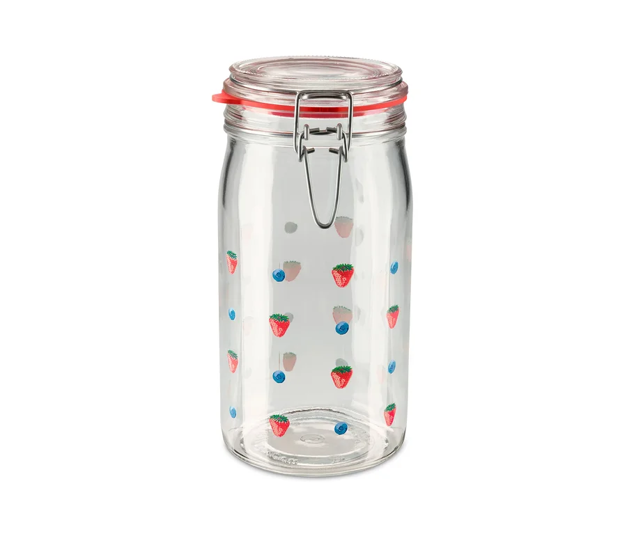 Ein Bügelglas mit Erdbeer- und Blaubeermuster.