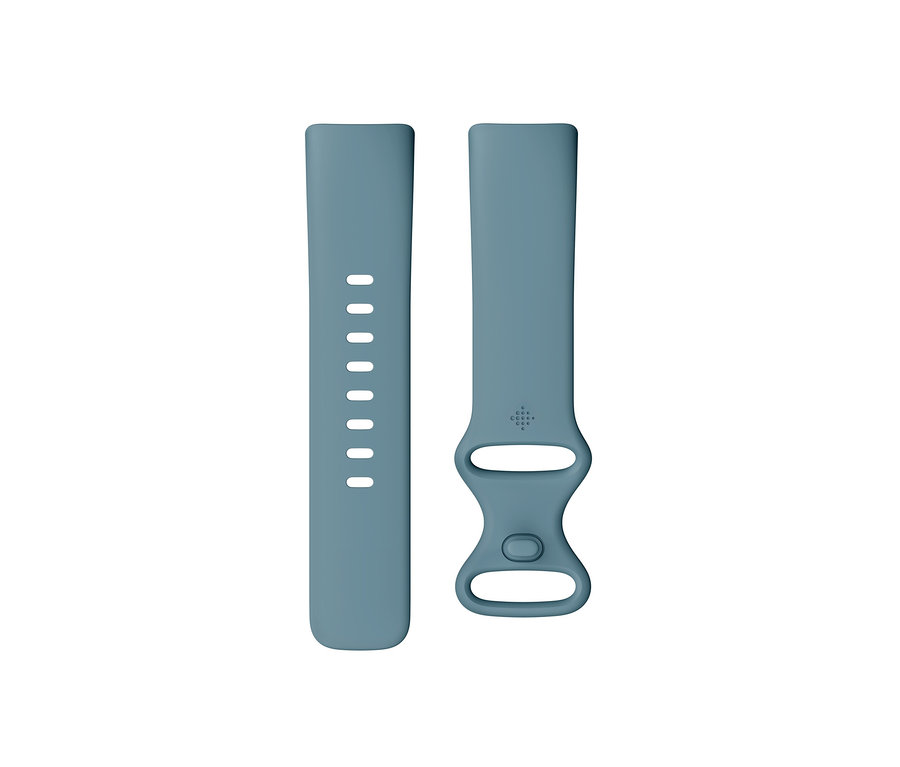 Zwei blaue Ersatzarmbänder für den Fitbit Charge 5 Aktivitäts-Tracker liegen nebeneinander.