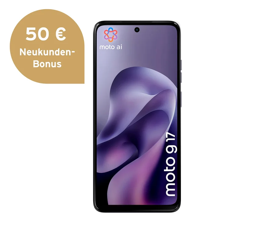 Schwarzes Motorola moto g17 LTE 128GB Smartphone mit lila-grauem Hintergrundbild und einem goldenen "50 € Neukunden-Bonus" Banner.