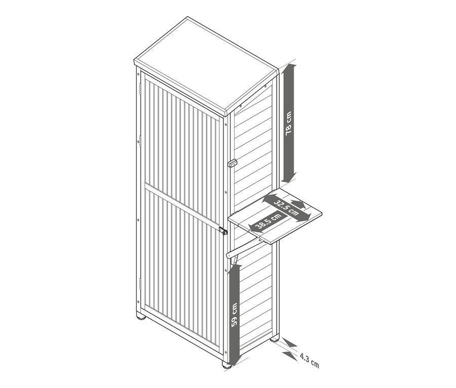 Großer Gartenschrank mit hochklappbarem Seitenregal, als technische Zeichnung mit Maßen. Das Regal ist 38,5 cm breit und 32,5 cm tief.