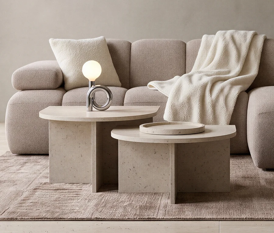 Zwei hellfarbene, halbrunde Couchtische »Leo«, ein größerer und ein kleinerer, stehen vor einem strukturierten Sofa. Eine moderne Lampe steht auf dem größeren Tisch, ein rundes Tablett auf dem kleineren. Eine cremefarbene Decke und ein Kissen liegen auf dem Sofa.