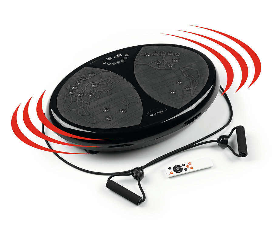 Schwarzer VITALmaxx Vibrationstrainer mit Fernbedienung und Expander-Bändern.
