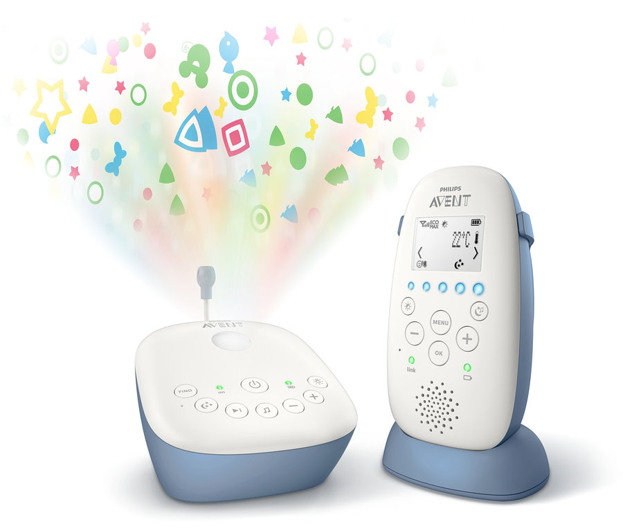 Philips-Avent-Babyphone »SCD735/26« mit Projektor, der bunte Formen an die Wand wirft.