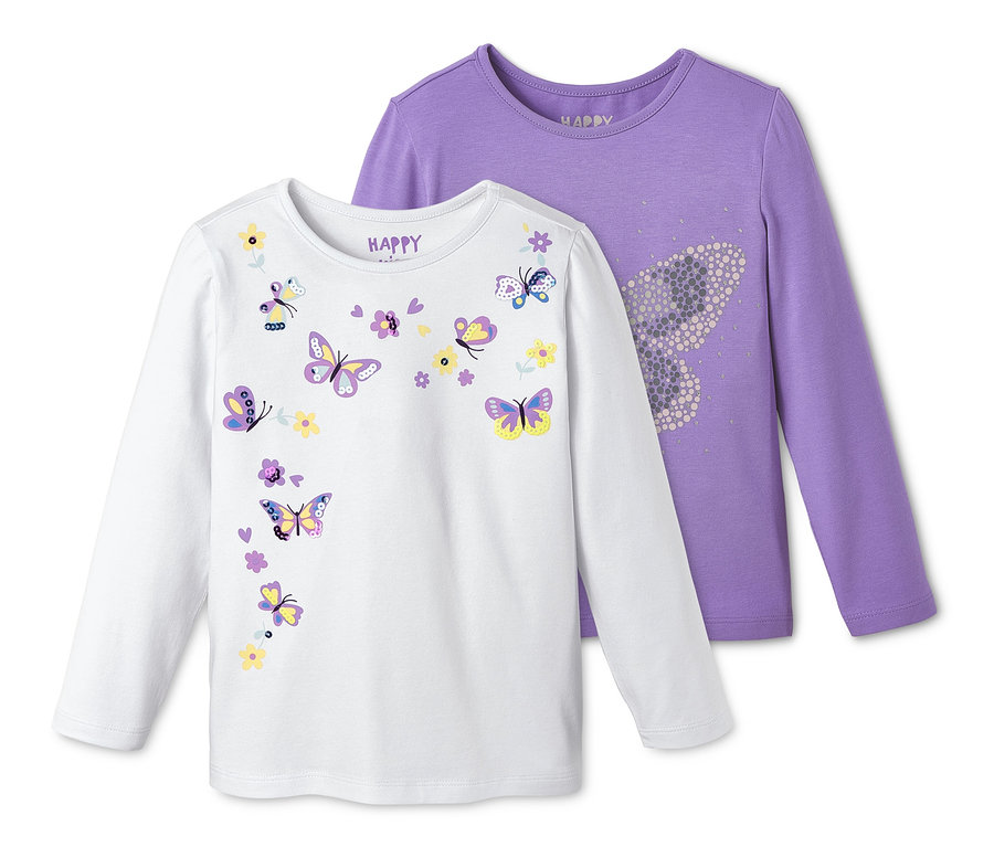 Zwei Langarmshirts, eins weiss mit Schmetterlings- und Blumenmuster, eins lila mit Schmetterlingsmuster.