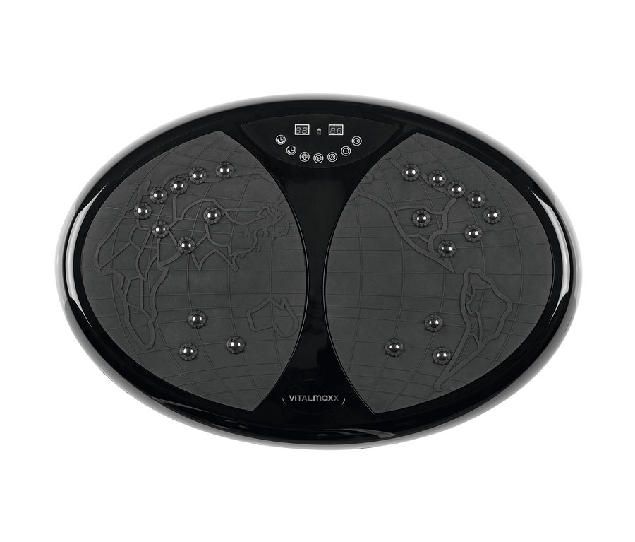 Schwarzer VITALmaxx Vibrationstrainer mit Bedienfeld und Massagepunkten.