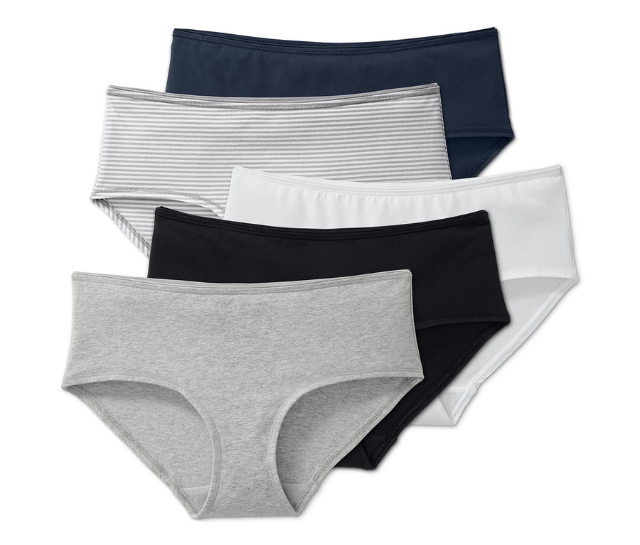 Fünf Pantys in den Farben: Marineblau, Grau-weiße Streifen, Weiß, Schwarz und Grau.