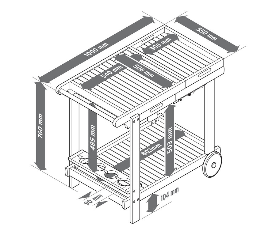 Schema eines Grillwagens mit Abmessungen.