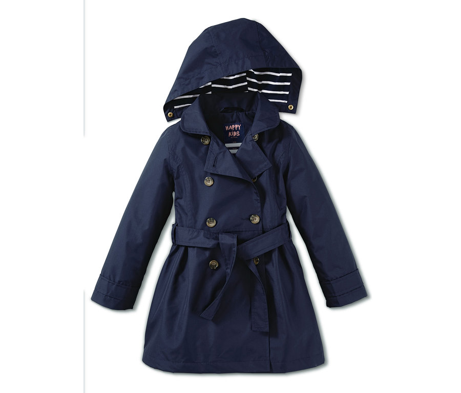 Marineblauer Allwetter-Trenchcoat mit Kapuze und Gürtel.