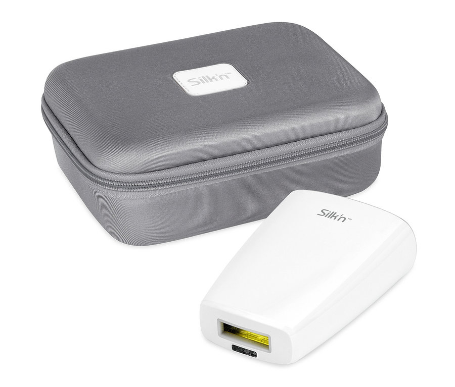 Ein Silk'n® Jewel »LUXX 250.000« Haarreduktionsgerät und seine graue Aufbewahrungsbox.