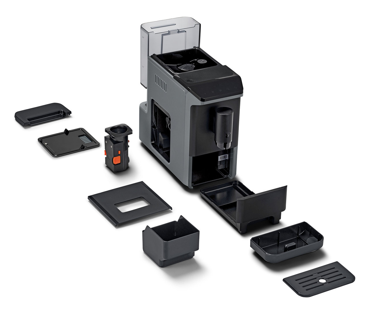 Ein zerlegter »Esperto mini« Kaffeevollautomat, Grey und seine Einzelteile auf weißem Hintergrund.