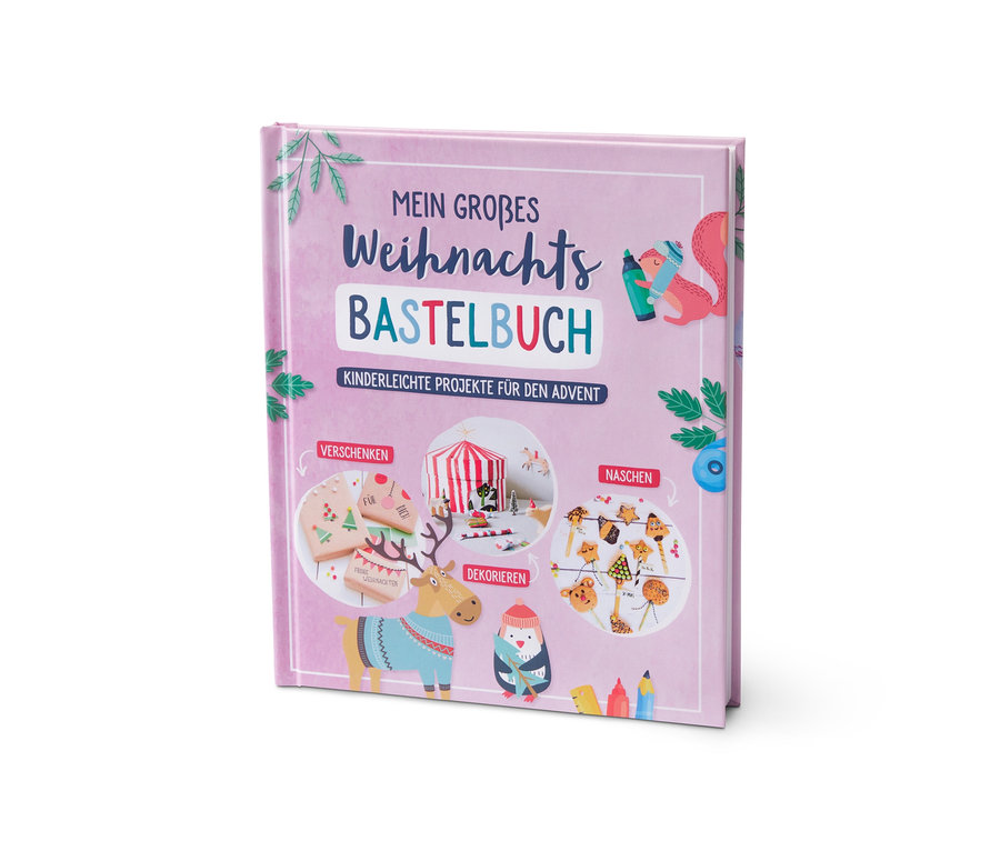 Nahaufnahme des Buches 'Mein großes Weihnachtsbastelbuch' mit Bildern von Weihnachtsbasteleien.