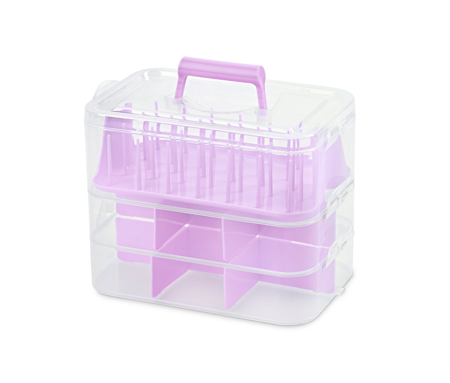 Transparente Aufbewahrungsboxen mit lila Fächern und Griff.