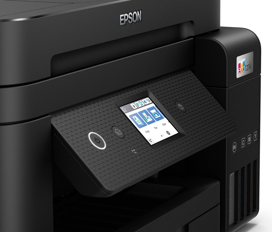 Detailaufnahme eines schwarzen Epson EcoTank ET-4850 Multifunktionsdruckers mit ausgeklapptem Bedienfeld.