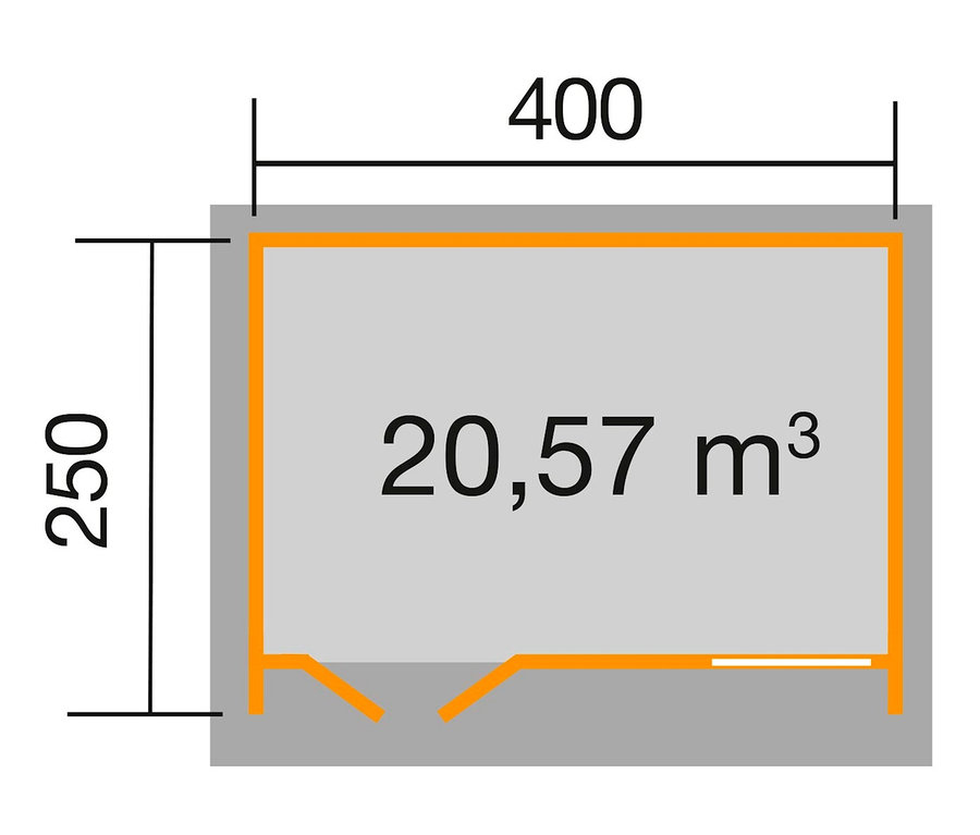 Grundriss Weka Premium-Wochenendhaus, 70 mm, mit den Maßen 400 x 250 und einem Volumen von 20,57 m3.