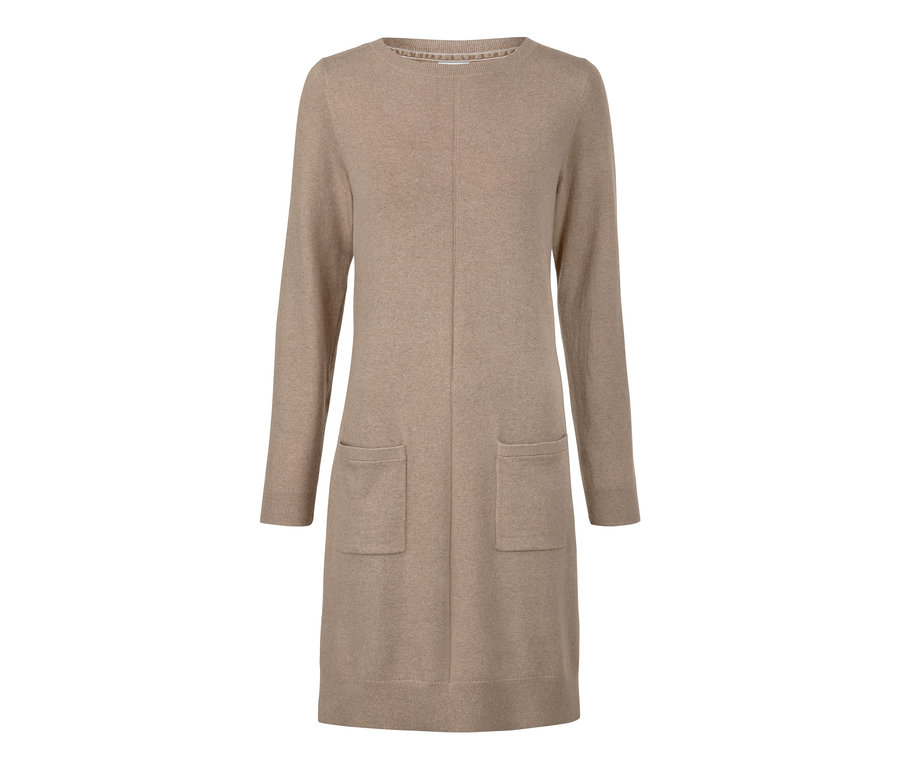 Beiges Strickkleid mit Kaschmir, langen Ärmeln und Taschen.