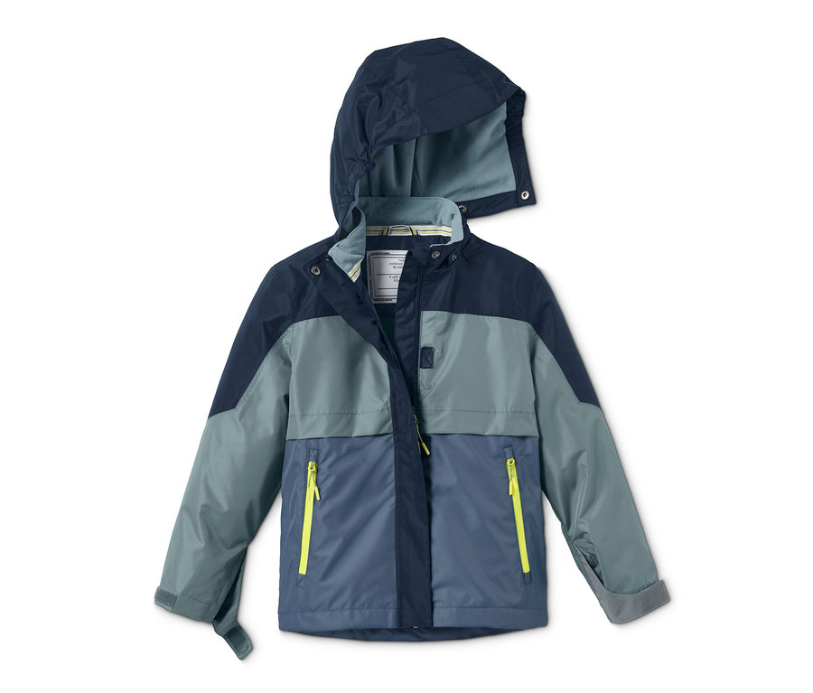 Blau-graue Allwetterjacke aus recyceltem Material mit Kapuze.