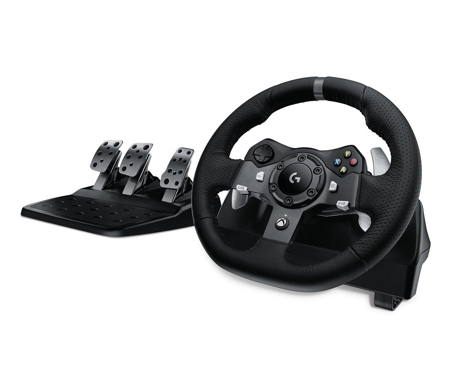 Schwarzes Logitech »G920 Driving Force Racing Wheel« Gaming-Lenkrad mit Pedalen.