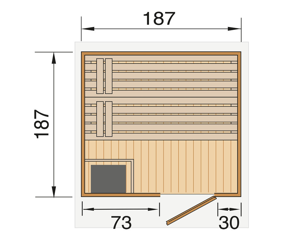 Grundriss des WEKA-Saunahaus »Naantali«, BioAktiv mit Maßangaben.