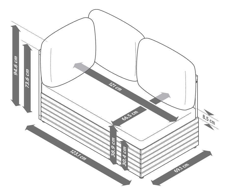 Zeichnung eines 2-Sitzer-Moduls mit Relax-Komfort-Kissen und Abmessungen.